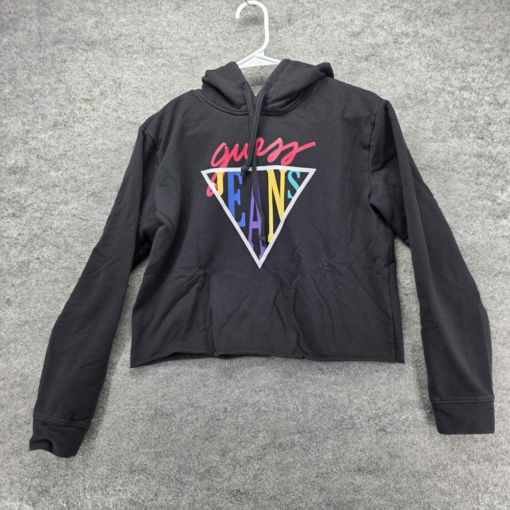GUESS Hoodie Womens XS Black Pullover Cropped Graphic Logo Fleece Sweatshirt
